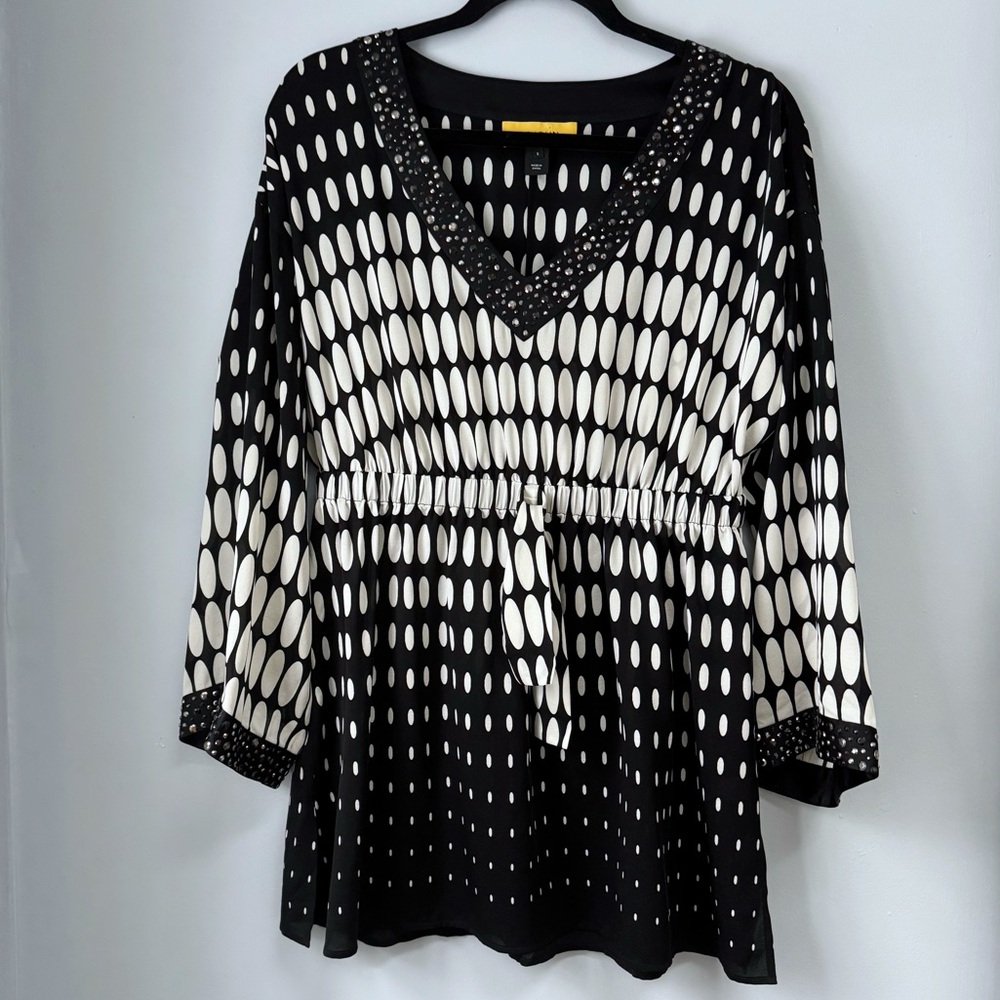 St. John Silk Black & White Geometric Print Beaded Tunic Resort Quiet Luxury S